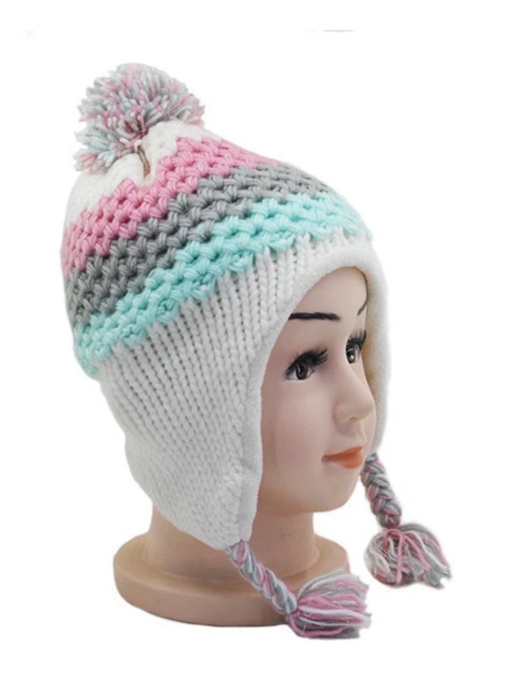 Kids White Knit Earflap Hat with Pink, Gray & Mint Stripes